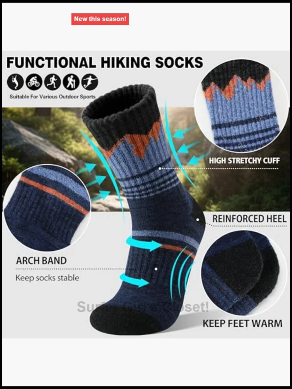 Merino Wool Hiking Socks Thermal Winter Crew Socks Cushioned Sole Moisture